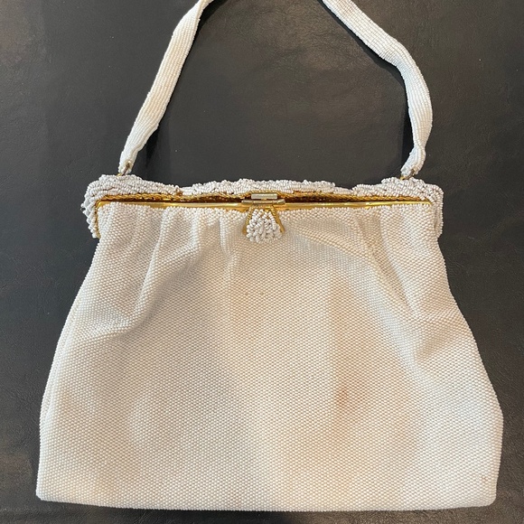 Vintage Walborg Handbag Made in France White with Gold beaded Satin Purse 1960's - Picture 1 of 6